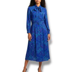 Vintage Willi Size M Blue Belted Midi Dress Brooch USA Secretary